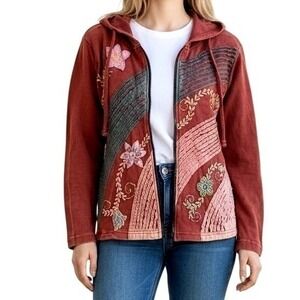 The Collection Royal Burgundy Floral Embroidered Patchwork Zip Up Hoodie Small